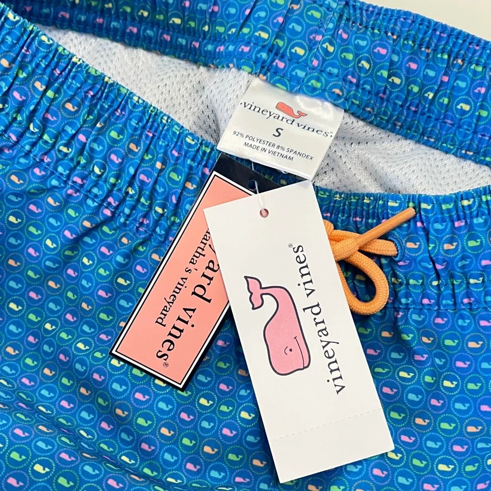 Vineyard Vines Boys Small 8 Chappy Swim Trunks Blue Micro Whale Print NWT Lined